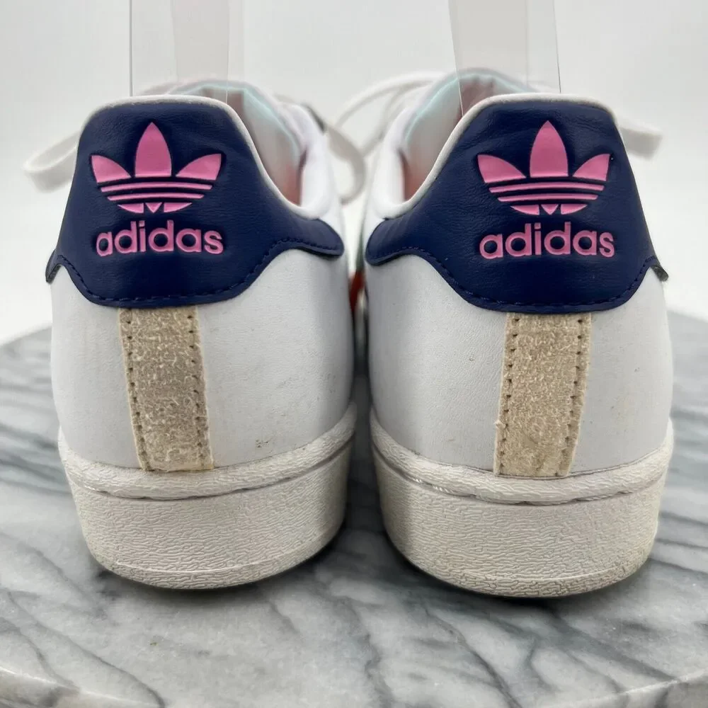 Adidas Mens 7.5 Superstar Shoe White Leather Multi Jagged Shell Toe‎ Sneaker